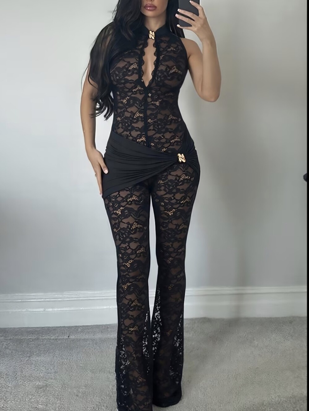 Lace Patchwork Sleeveless Sexy High-Waist Slim-Fit Flared Jumpsuit